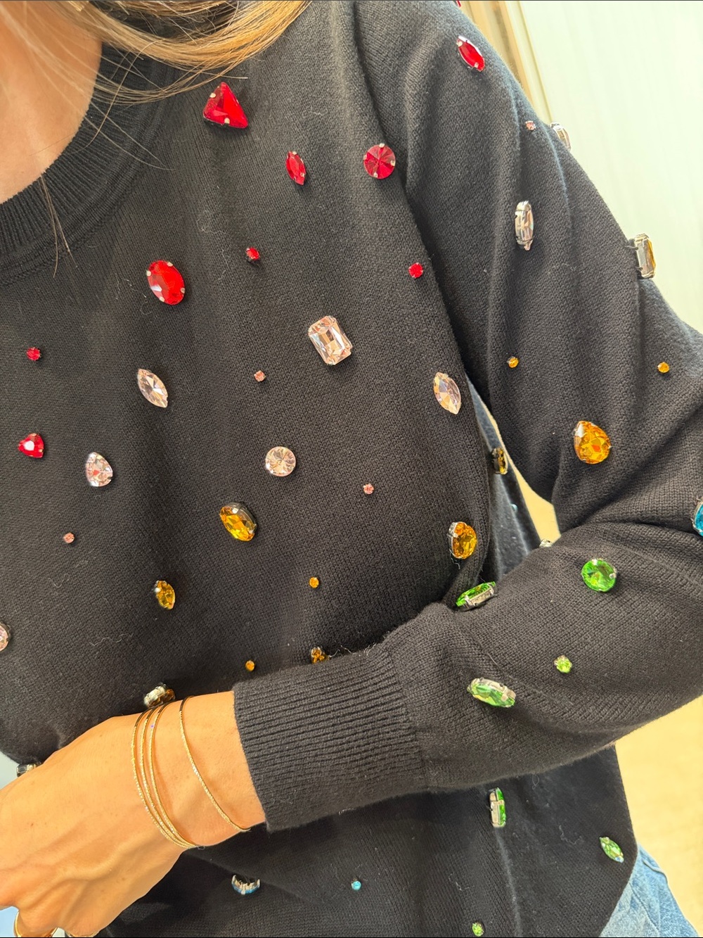 Minnie Rose Black Crewneck Sweater with Multicolor Jewel Embellishments - Picture 3 of 3